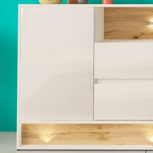 Komoda z szufladami i drzwiami biała / dąb wotan mat / wysoki połysk 160 cm – nowoczesny design, funkcjonalność, elegancki wygląd