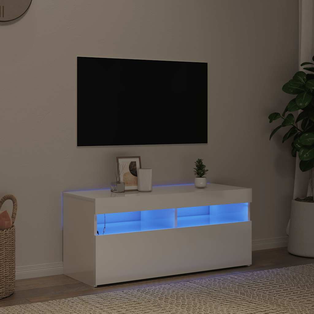 vidaXL Szafka TV z oświetleniem LED, wysoki połysk, biała, 90x35x40 cm