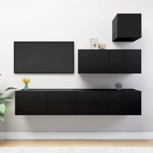 vidaXL 4-cz. zestaw szafek TV, czarny, materiał drewnopochodny