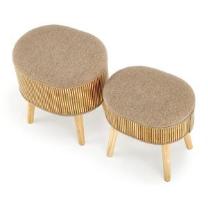 Zestaw 2 puf owalnych ze schowkiem drewnianych tapicerowanych beżowych / naturalnych Tico – elegancki design, funkcjonalność, komfort
