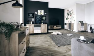 Szafka RTV biała / dąb / szara mat 160 cm Orlando – stylowa, funkcjonalna, nowoczesna