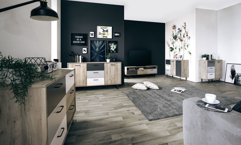 Szafka RTV biała / dąb / szara mat 160 cm Orlando – stylowa, funkcjonalna, nowoczesna