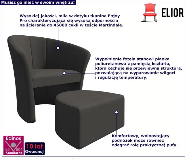 Grafitowy stylowy fotel z podnóżkiem wolnostojącym K9-E60