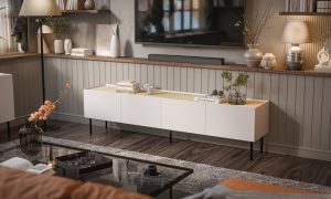 Szafka RTV beżowa / dąb mat 200 cm Olmo – elegancki design, funkcjonalność, solidne wykonanie