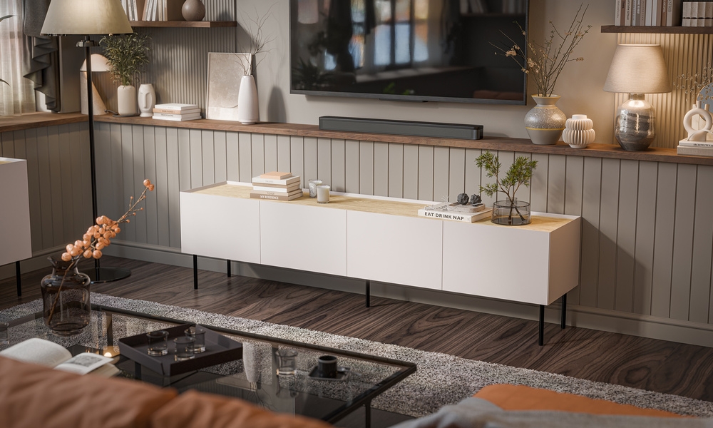 Szafka RTV beżowa / dąb mat 200 cm Olmo – elegancki design, funkcjonalność, solidne wykonanie