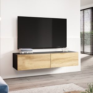 Szafka RTV wisząca czarna / dąb wotan mat 140 cm Vidago – nowoczesny design, praktyczne rozwiązania, funkcjonalność