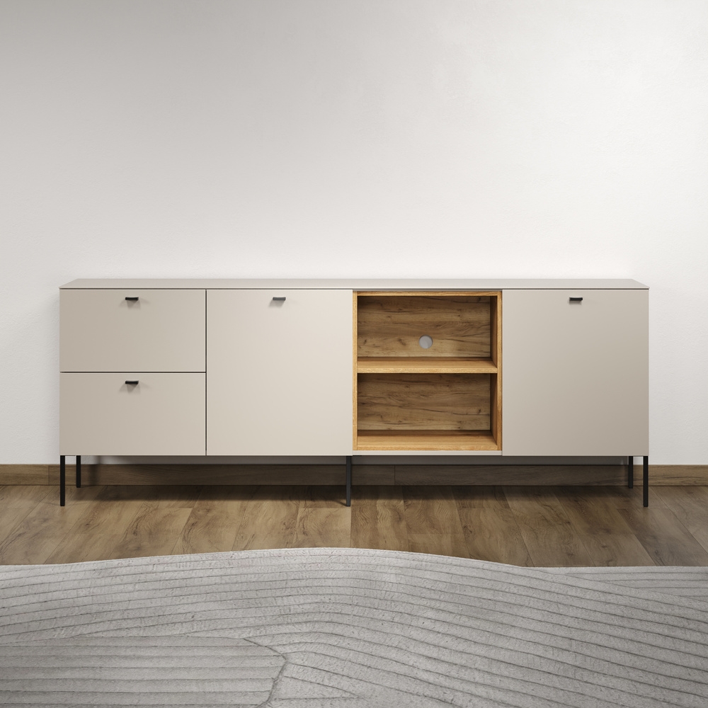 Szafka RTV kaszmir / dąb mat 200 cm Avolo – elegancki design, funkcjonalność, naturalne materiały