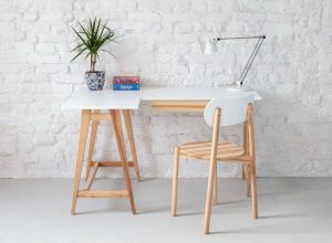 Jesionowe Biurko Narożne LUKA 115cm x 85cm Delikatny Niebieski LEWE