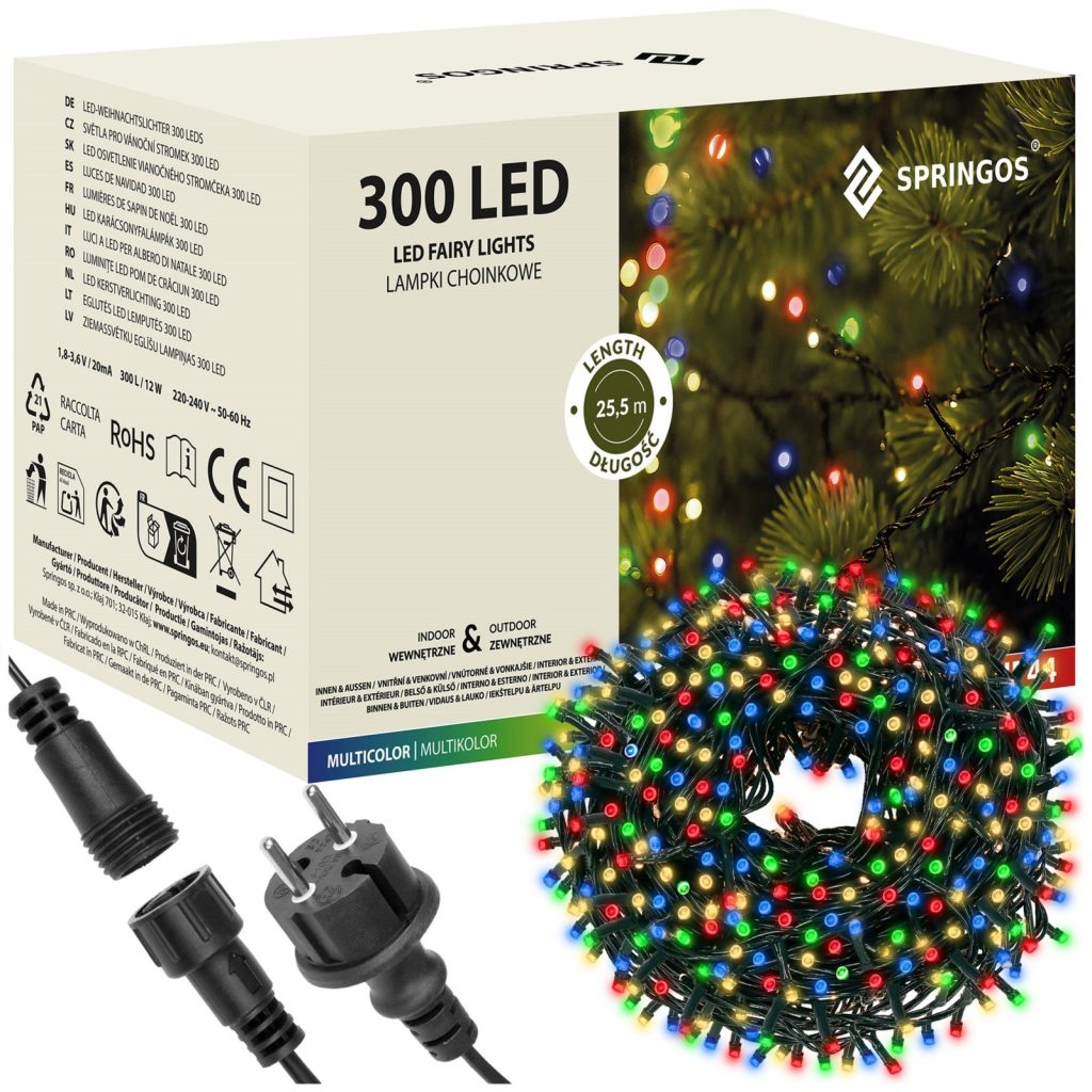 Lampki choinkowe 25,5 m multikolor 300 led oświetlenie świąteczne IP44