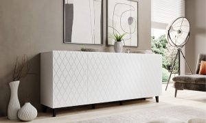 Komoda z drzwiami biała mat 200 cm Lukka – elegancka, minimalistyczna, pojemna, do salonu, sypialni, materiał MDF