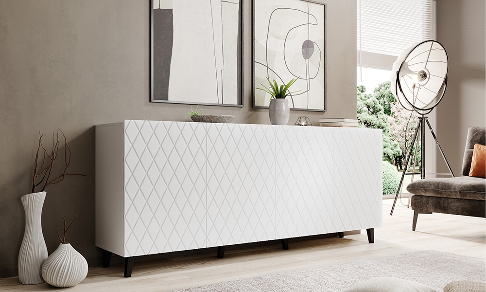 Komoda z drzwiami biała mat 200 cm Lukka – elegancka, minimalistyczna, pojemna, do salonu, sypialni, materiał MDF