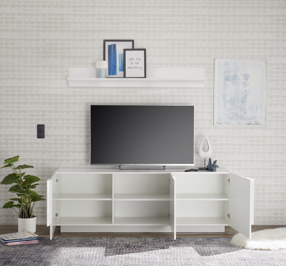 Szafka RTV biała wysoki połysk 182 cm Sorelle – nowoczesny design, funkcjonalność, łatwa w pielęgnacji