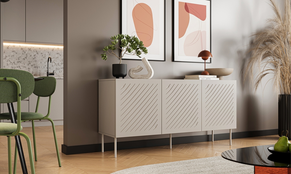 Komoda z drzwiami beżowa mat 150 cm Linea – nowoczesny design, funkcjonalność, uniwersalny kolor