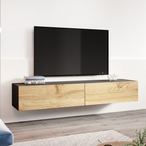 Szafka RTV wisząca czarna / dąb wotan mat 180 cm Vidago – stylowy design, funkcjonalność, nowoczesne materiały