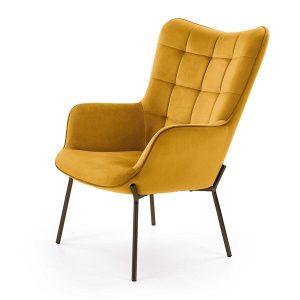 Fotel wypoczynkowy tapicerowany musztardowy Castel – elegancki design, komfort, materiał tapicerski