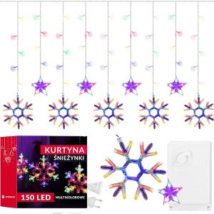 Kurtyna świetlna 150 Led gwiazdy śnieżynki, lampki wewnętrzne światełka sople multikolor