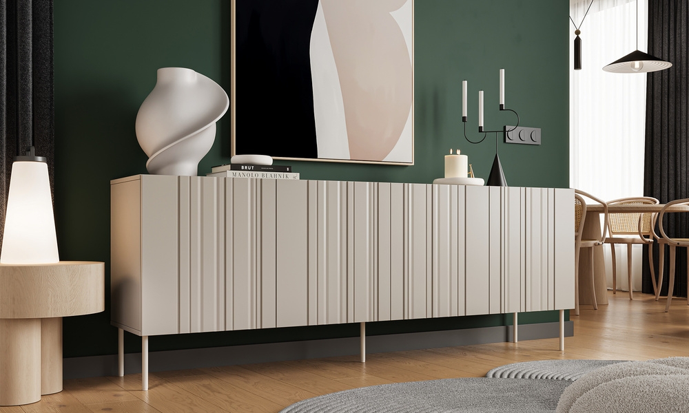 Komoda z drzwiami beżowa mat 200 cm Milo – nowoczesny styl, pojemność, funkcjonalność, trwały materiał