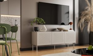 Szafka RTV beżowa mat 150 cm Linea – elegancki design, nowoczesny styl, idealna do salonu