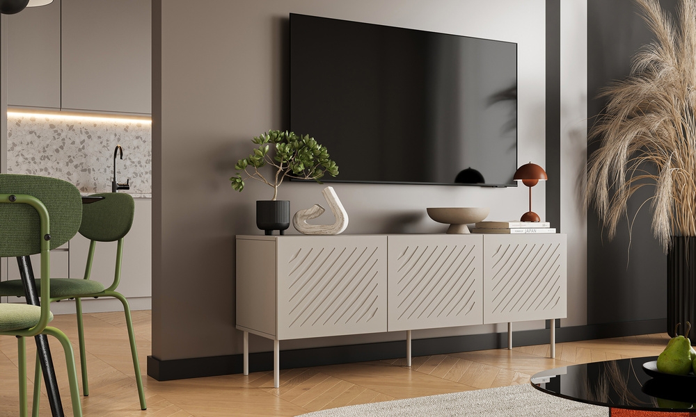 Szafka RTV beżowa mat 150 cm Linea – elegancki design, nowoczesny styl, idealna do salonu