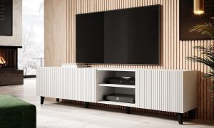 Szafka RTV biała mat 200 cm Malia – nowoczesny design, przestronny, funkcjonalny, idealny do salonu