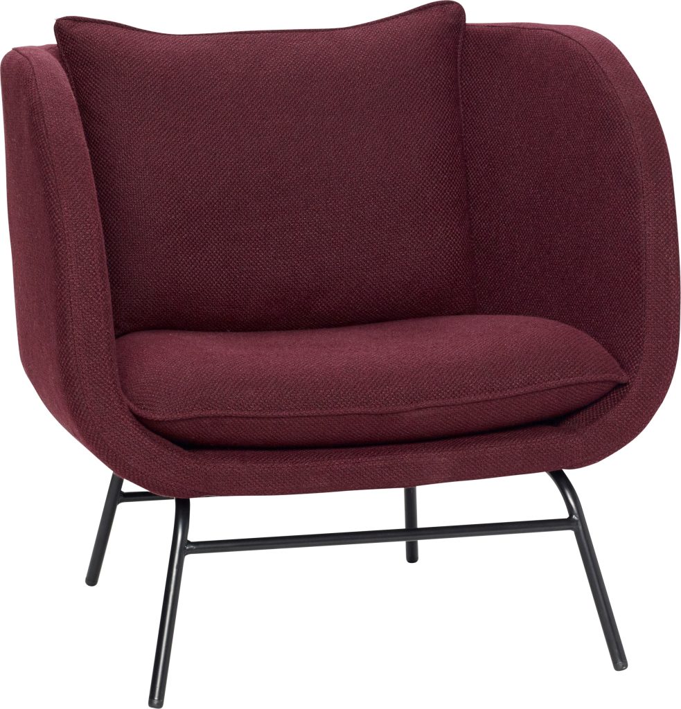 Fotel Hübsch bordowy – elegancki design, styl skandynawski, wygodny i funkcjonalny