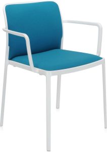 Krzesło Audrey Soft turkusowe z podłokietnikami biała rama – elegancki design, komfortowe siedzisko, trwała konstrukcja