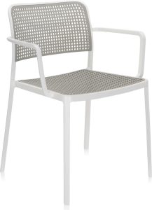Krzesło Audrey z podłokietnikami – nowoczesny design, biała rama, szare siedzisko