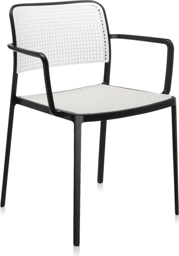 Krzesło Audrey z podłokietnikami – elegancki design, czarna rama, białe siedzisko