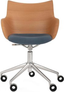 Krzesło obrotowe Q Wood Aquaclean jasne drewno z chromowaną ramą siedzisko szaroniebieskie – elegancki design, komfort, trwałość