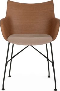Krzesło Q Wood ciemne drewno z czarną ramą siedzisko beżowe – elegancki design, wygodne siedzisko, trwałe materiały