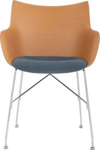 Krzesło Q Wood jasne drewno z chromowaną ramą siedzisko szaroniebieskie – elegancki design, trwałe materiały, komfortowe siedzisko