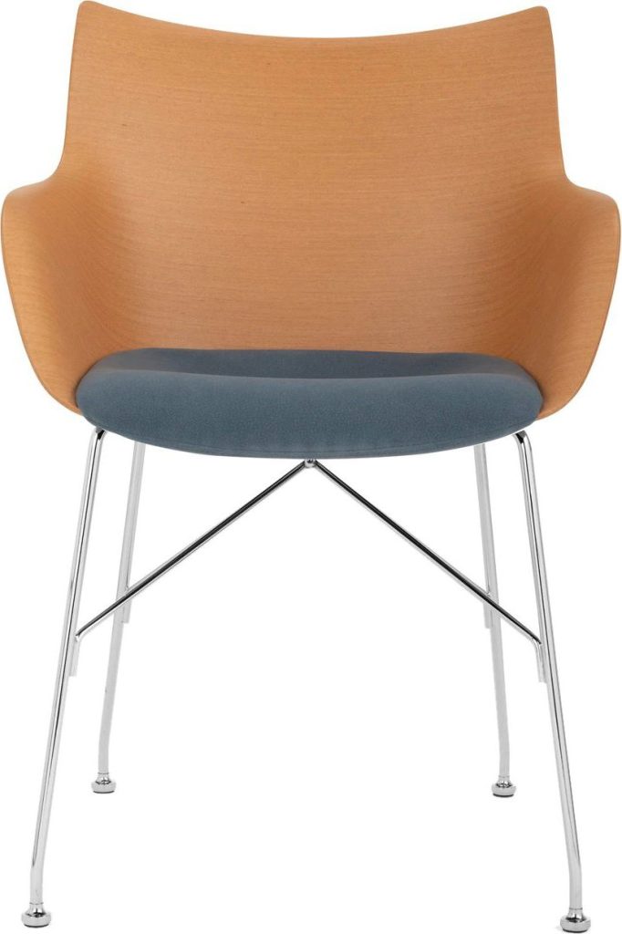 Krzesło Q Wood jasne drewno z chromowaną ramą siedzisko szaroniebieskie – elegancki design, trwałe materiały, komfortowe siedzisko
