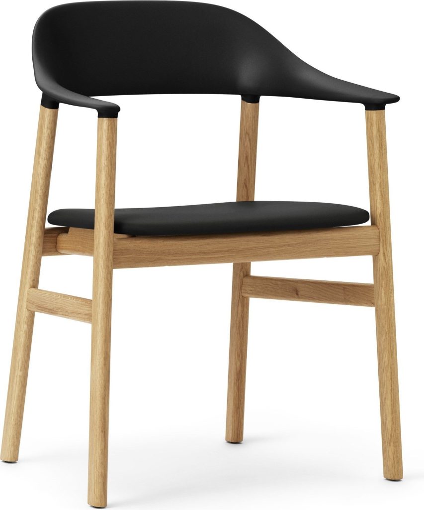 Krzesło z podłokietnikami Herit jasny dąb siedzisko skórzane czarne – elegancki design, komfort, trwałość