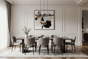 Jadalnia w stylu modern classic krzesła tapicerowane sztukateria