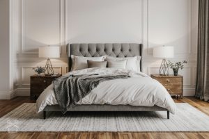 Sypialnia w stylu modern classic łożko tapicerowane sztukateria
