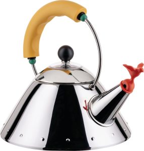 Czajnik z gwizdkiem 9093 Alessi 1 l – elegancki design, żółta rączka, stal nierdzewna