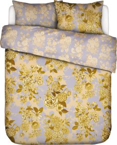 Pościel Flore 260 x 220 cm żółto-fioletowa z 2 poszewkami na poduszki 60 x 70 cm – elegancki design, komfortowy materiał