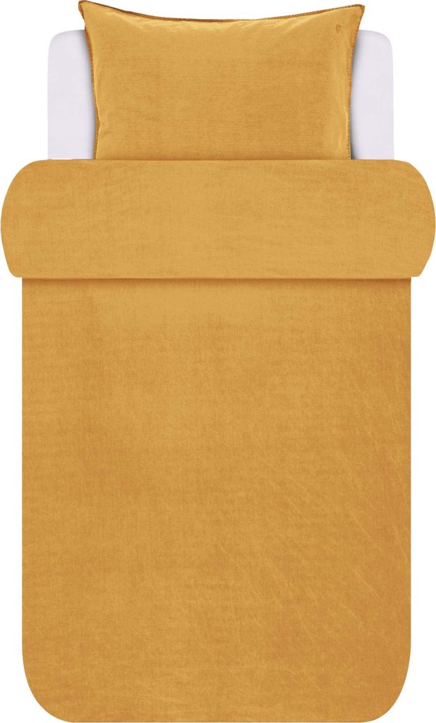 Pościel Senja 140 x 220 cm złota z poszewką na poduszkę 60 x 70 cm – elegancka tkanina, komfortowy sen, luksusowy kolor