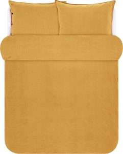 Pościel Senja 260 x 220 cm złota z 2 poszewkami na poduszki 60 x 70 cm – elegancki design, komfortowy materiał, luksusowy kolor