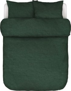 Pościel Valka 240 x 220 cm ciemnozielona lniana z 2 poszewkami na poduszki 60 x 70 cm – elegancki design, naturalny materiał, komfortowy rozmiar