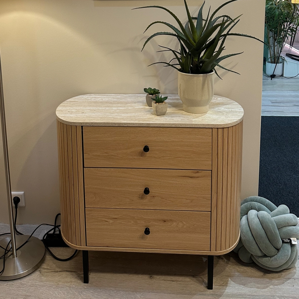 Komoda owalna z szufladami dąb / trawertyn mat 80 cm Fabia – elegancki design, funkcjonalność, naturalne materiały