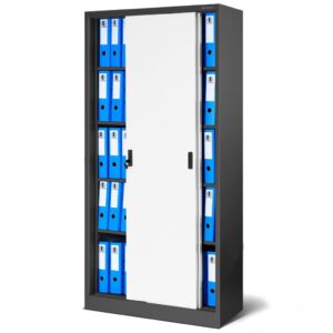 Biurowa szafa metalowa z drzwiami przesuwnymi KUBA, 900 x 1850 x 400 mm, antracytowo-biała