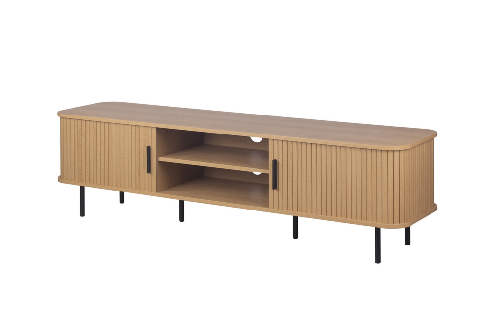Szafka RTV z lamelalami dąb / czarna mat 160 cm Kasja – nowoczesny design, praktyczne przechowywanie, trwały materiał