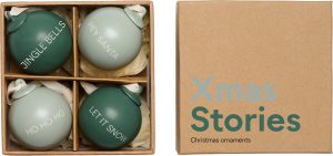 Bombki Xmas Stories 4 cm ciemnozielone i szarozielone 4 szt. – dekoracyjne, ozdoby choinkowe, zestaw, święta