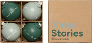 Bombki Xmas Stories 6 cm ciemnozielone i szarozielone 4 szt. – eleganckie ozdoby choinkowe, zestaw 4 sztuk, idealne na święta