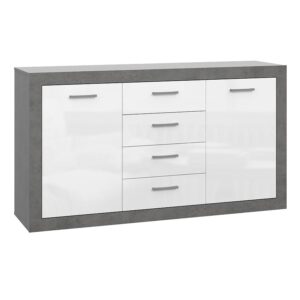 Komoda Trebbia 2d4s Beton/Biały Połysk – funkcjonalność, nowoczesny design, materiał MDF