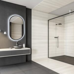 Lustro łazienkowe owalne z oświetleniem LED w czarnej ramie 50×90 – elegancki design, funkcjonalne oświetlenie, nowoczesny styl