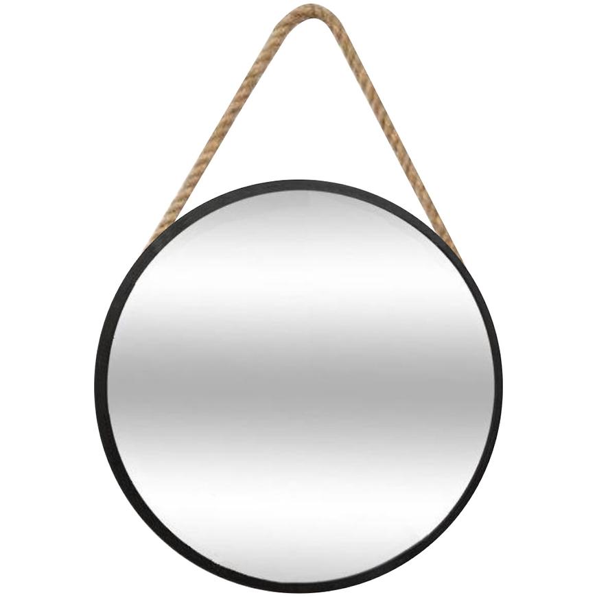 Lustro okrągłe w czarnej ramie na sznurku FI50cm – elegancki design, uniwersalny kolor, praktyczne zastosowanie