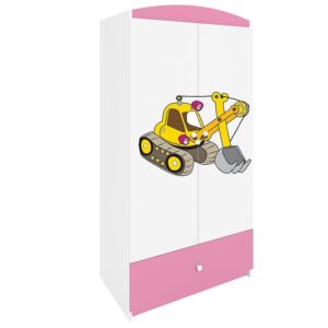 Szafa Babydreams Różowy – Koparka, dziecięca, z drewna, przestronna, z motywem koparki