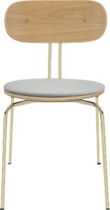 Krzesło Curious jasnoszare z tapicerowanym siedziskiem na mosiężnych nogach – elegancki design, komfort, wysokiej jakości materiały